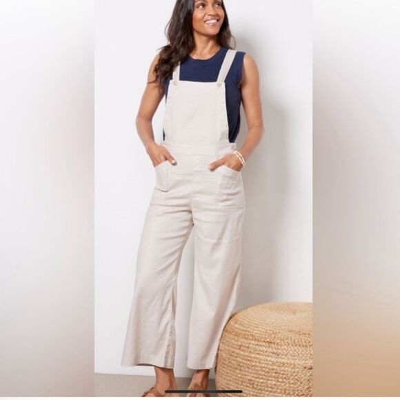 Evereve Beth Wide Leg Overall Barely Beige Linen Blend Lightweight Size 29 - Picture 1 of 7